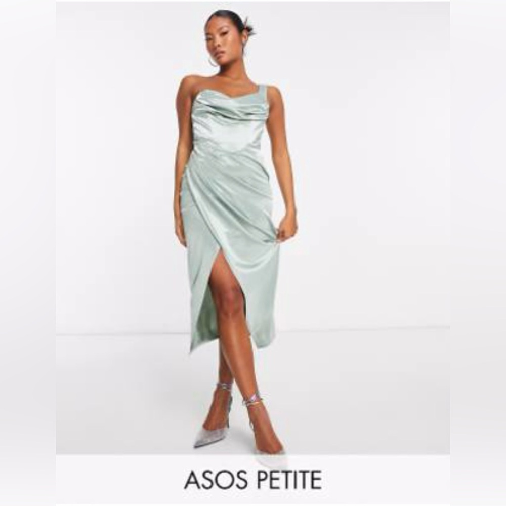 ASOS DESIGN Petite one shoulder drape corset detail midi dress dark sage Sz 12
